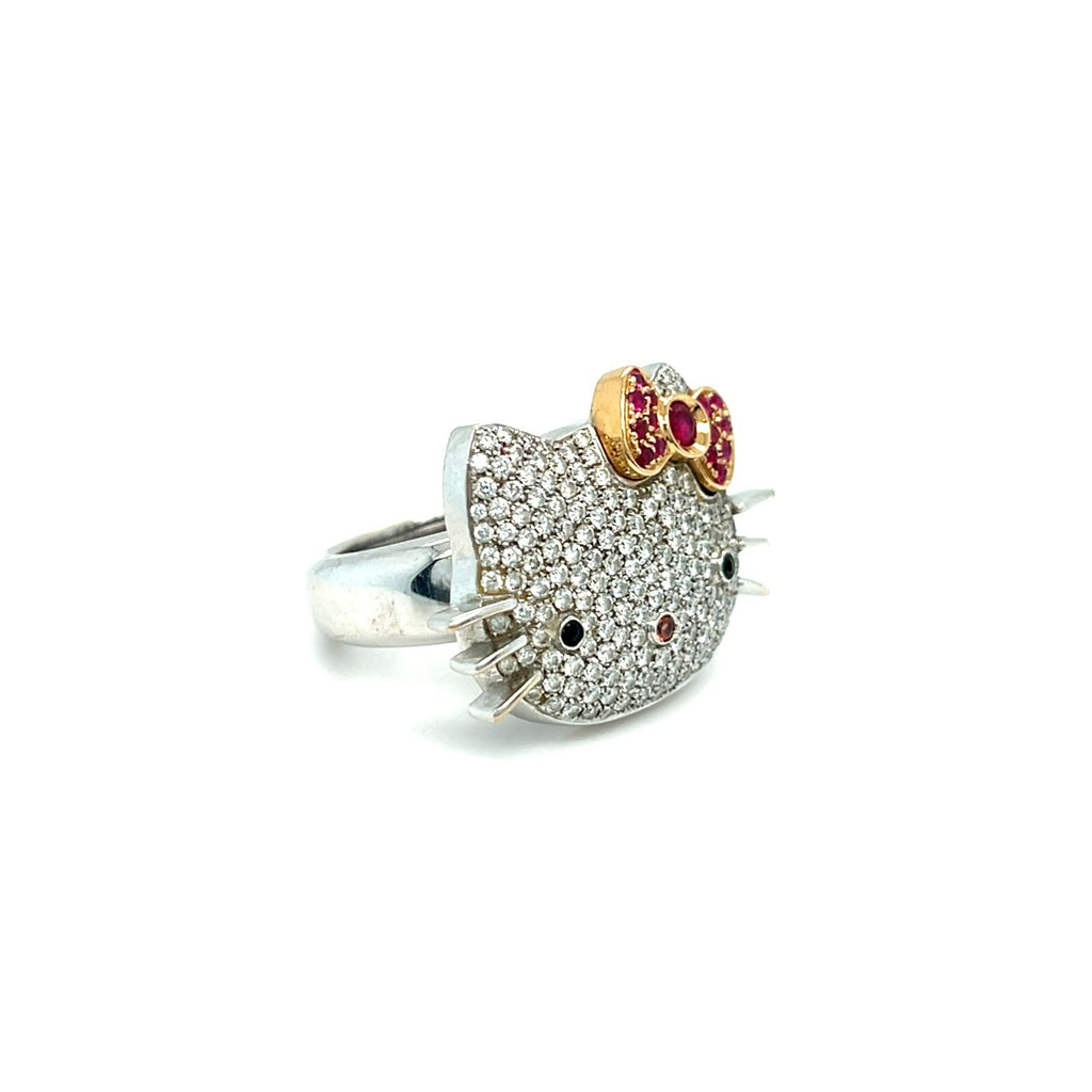 18k White Gold Happy Kitty Diamond and Ruby Ring Size: 7 14.2 grams