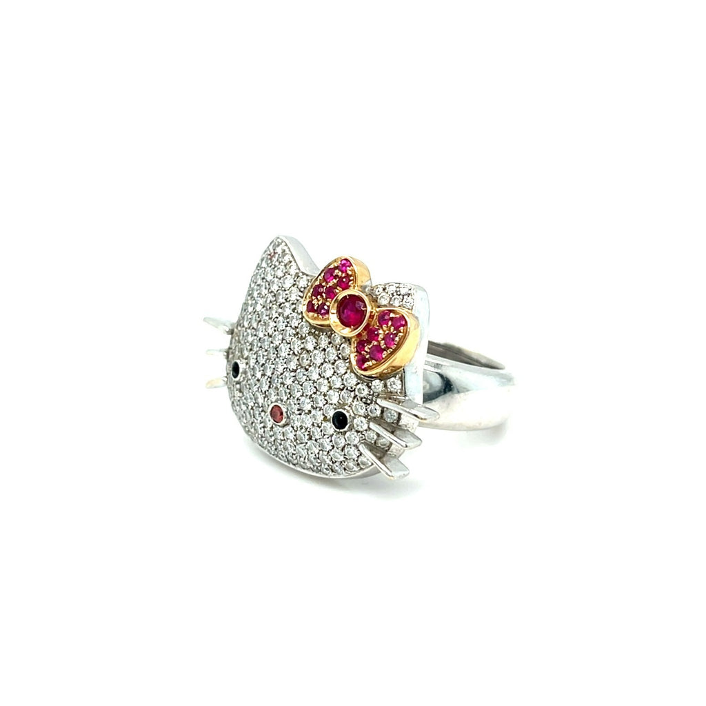 18k White Gold Happy Kitty Diamond and Ruby Ring Size: 7 14.2 grams