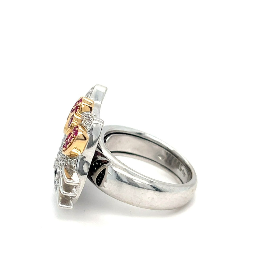 18k White Gold Happy Kitty Diamond and Ruby Ring Size: 7 14.2 grams