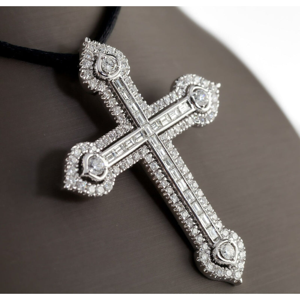 18k White Gold 3 Carat Diamond Cross Pendant on Black Silk Cord