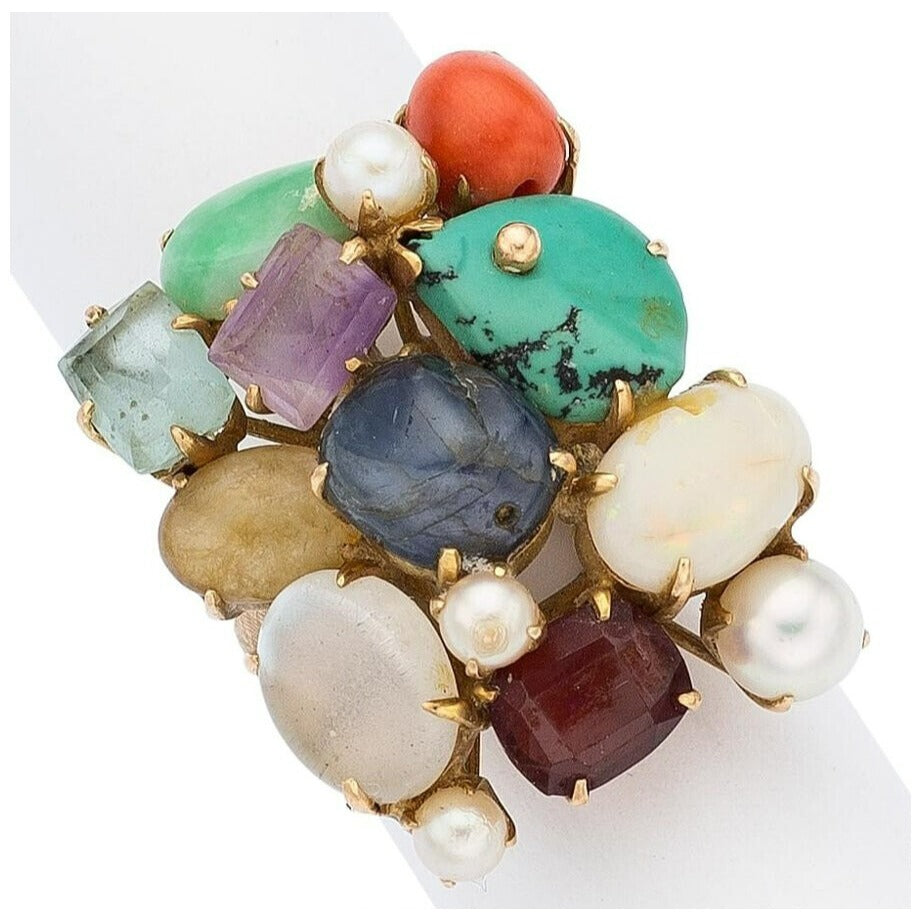 14k Yellow Gold Multi-Gem Cultured Pearl Plaque Ring Size 7.25 12.9g