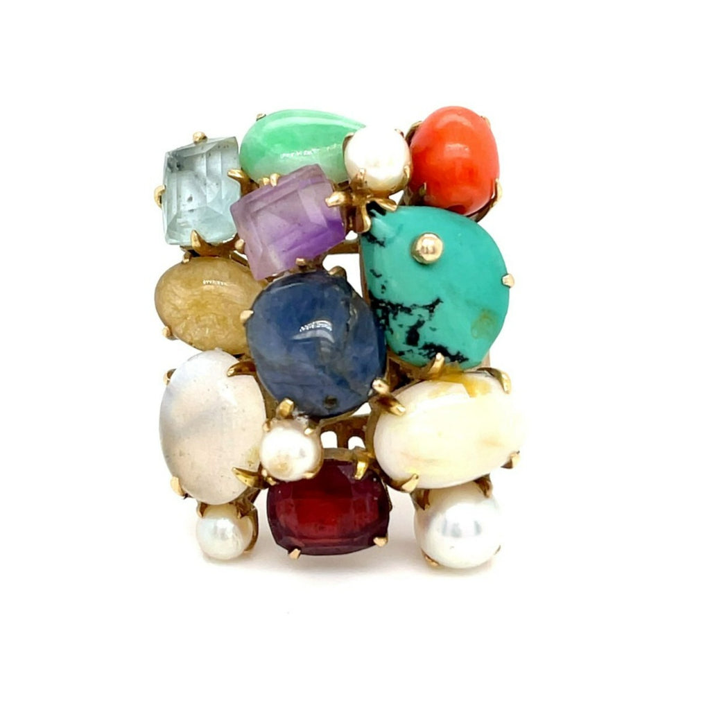 14k Yellow Gold Multi-Gem Cultured Pearl Plaque Ring Size 7.25 12.9g