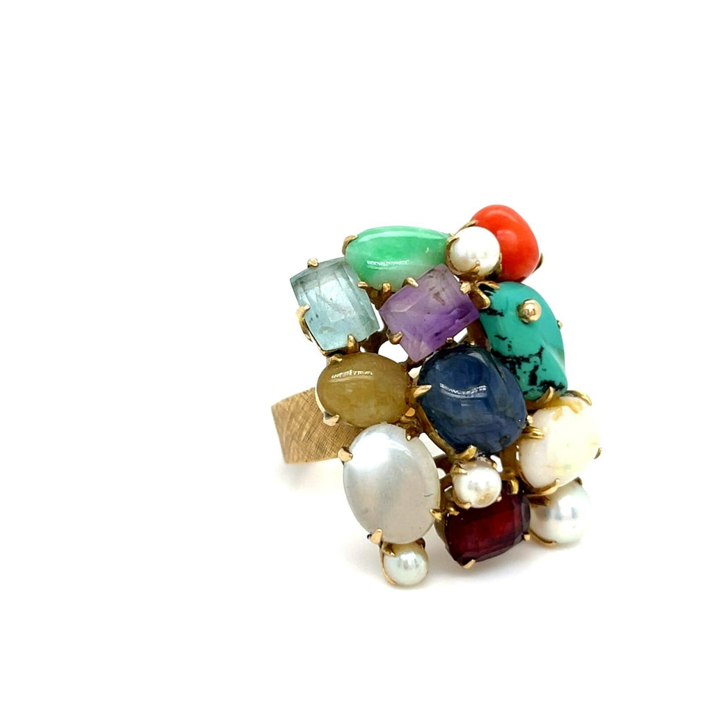 14k Yellow Gold Multi-Gem Cultured Pearl Plaque Ring Size 7.25 12.9g