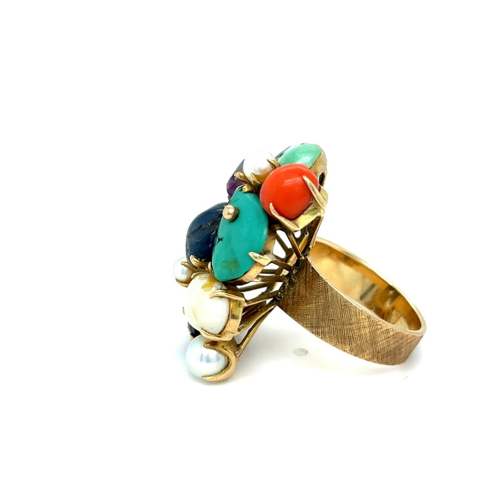 14k Yellow Gold Multi-Gem Cultured Pearl Plaque Ring Size 7.25 12.9g