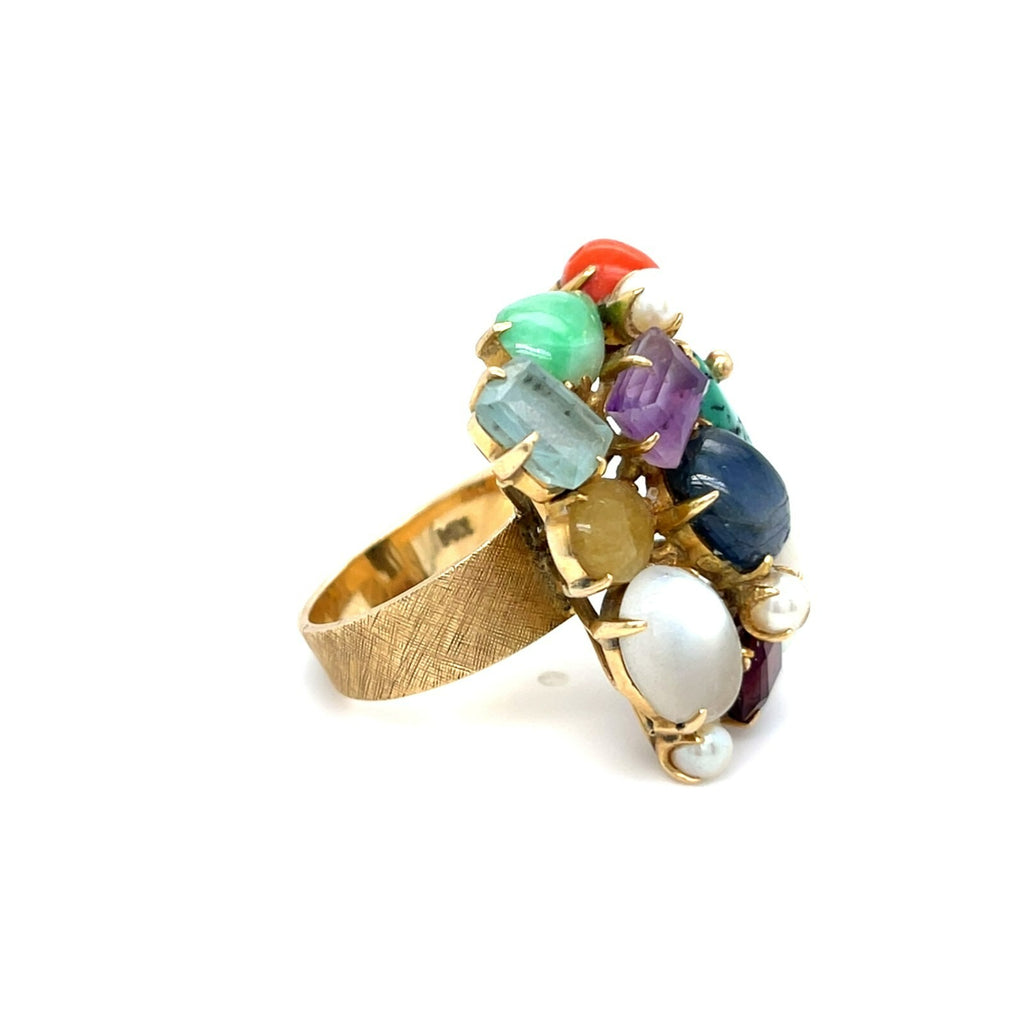 14k Yellow Gold Multi-Gem Cultured Pearl Plaque Ring Size 7.25 12.9g