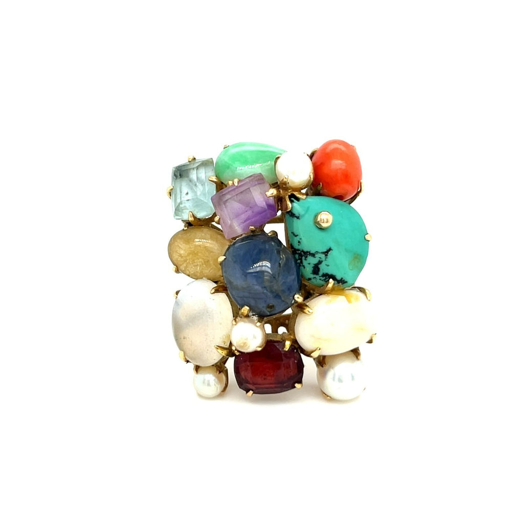 14k Yellow Gold Multi-Gem Cultured Pearl Plaque Ring Size 7.25 12.9g