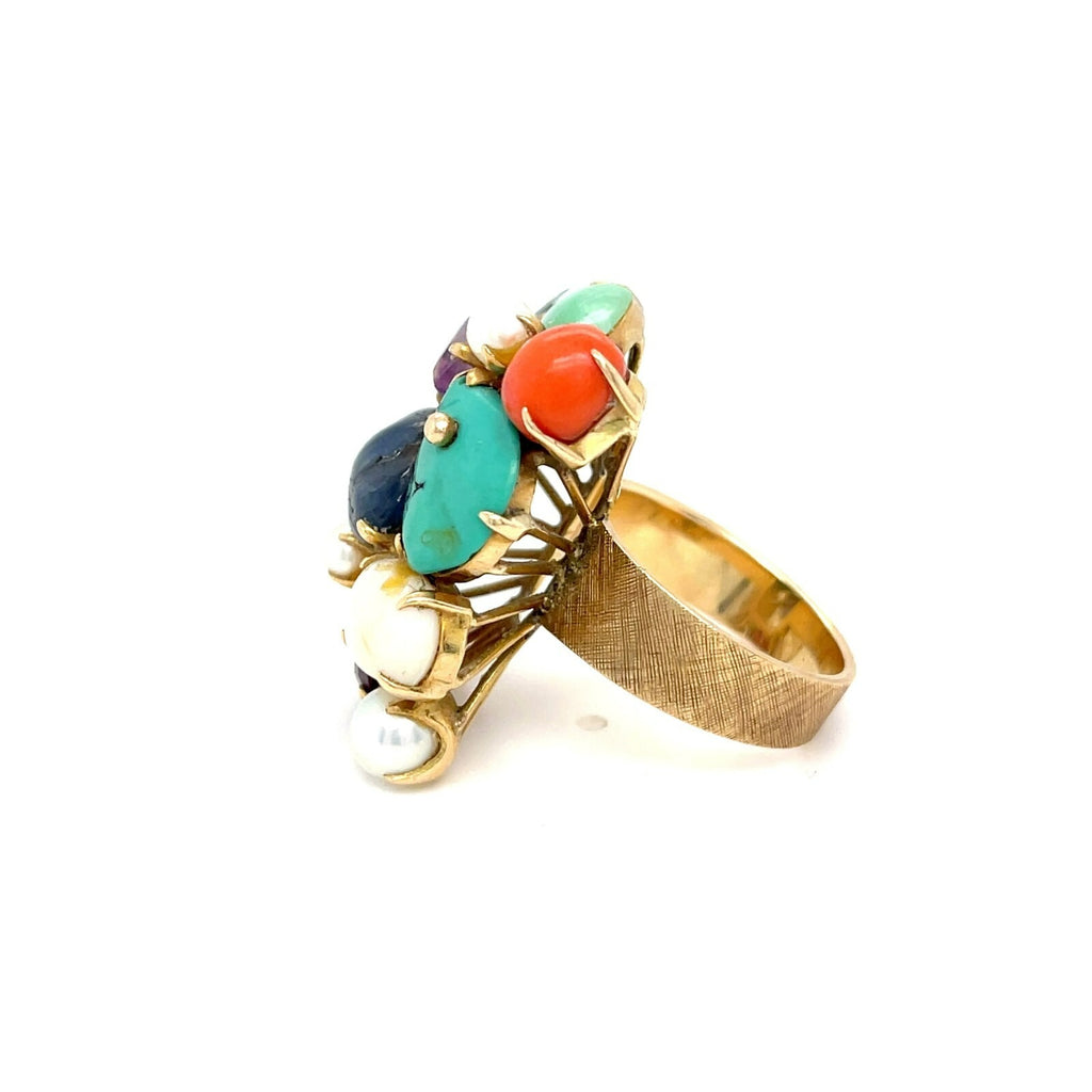 14k Yellow Gold Multi-Gem Cultured Pearl Plaque Ring Size 7.25 12.9g