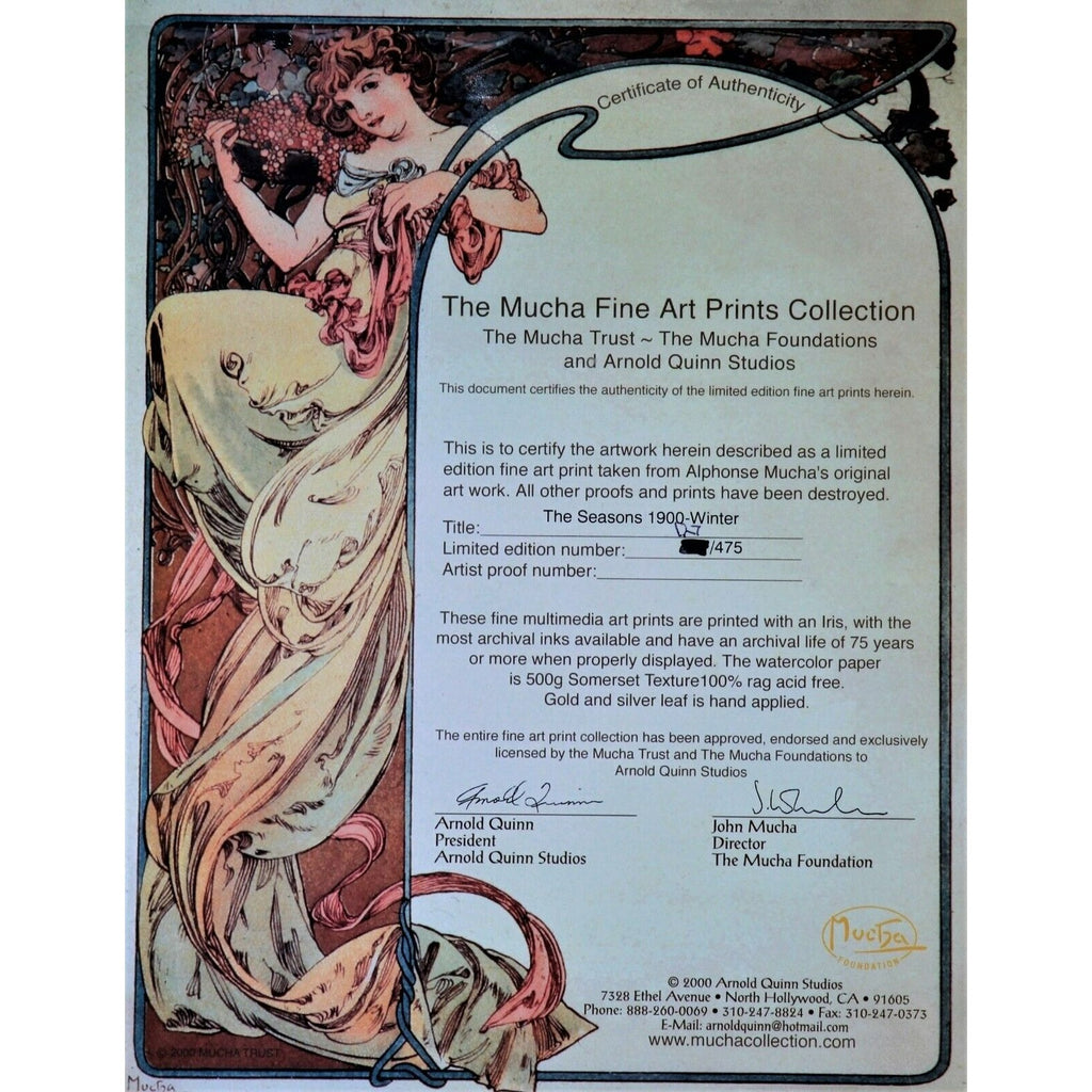 The Seasons: Winter (1900) by Alphonse Mucha Signed LE No. 127/475 Giclée