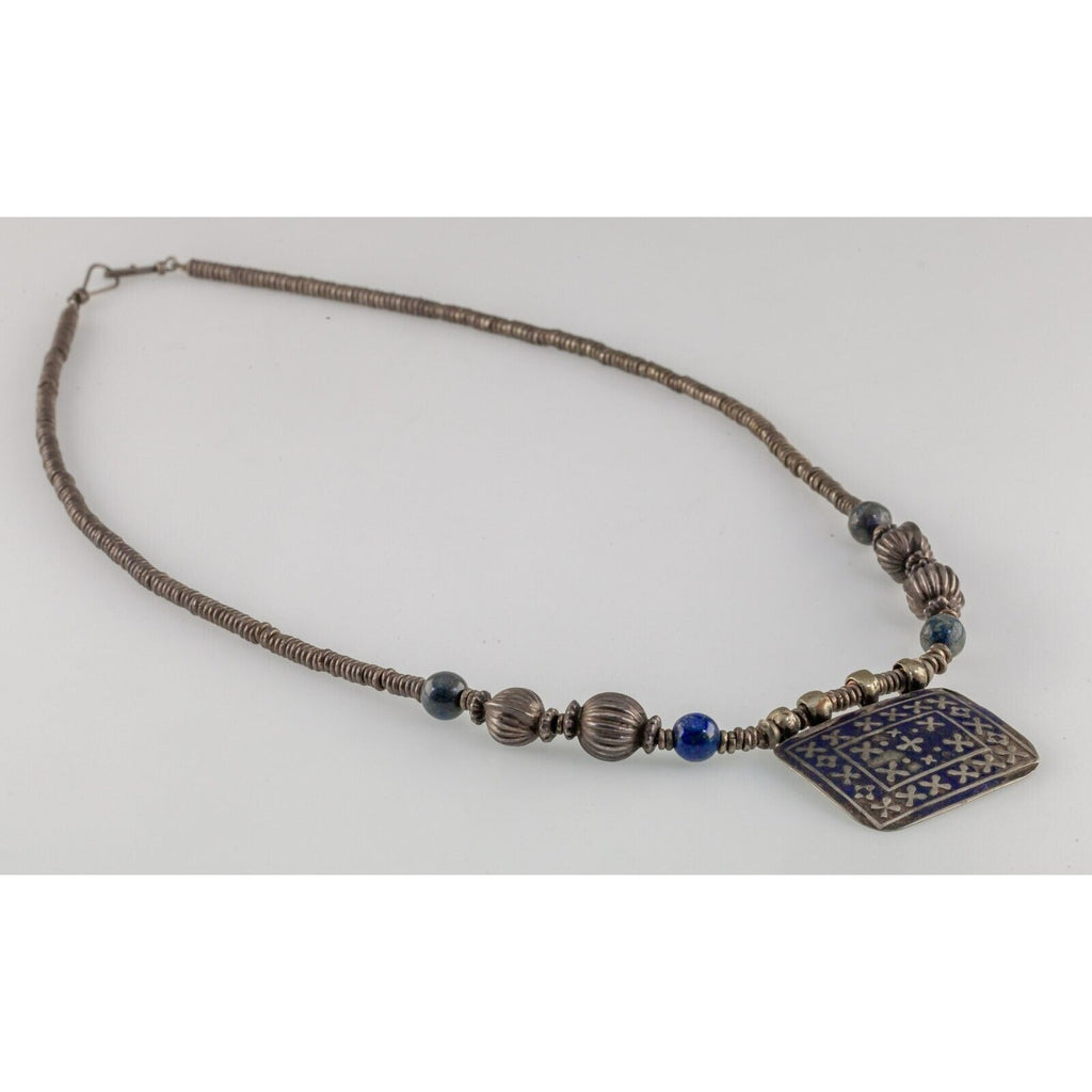 Antique Silver Beaded Necklace with Lapis Accents and Enamel Pendant