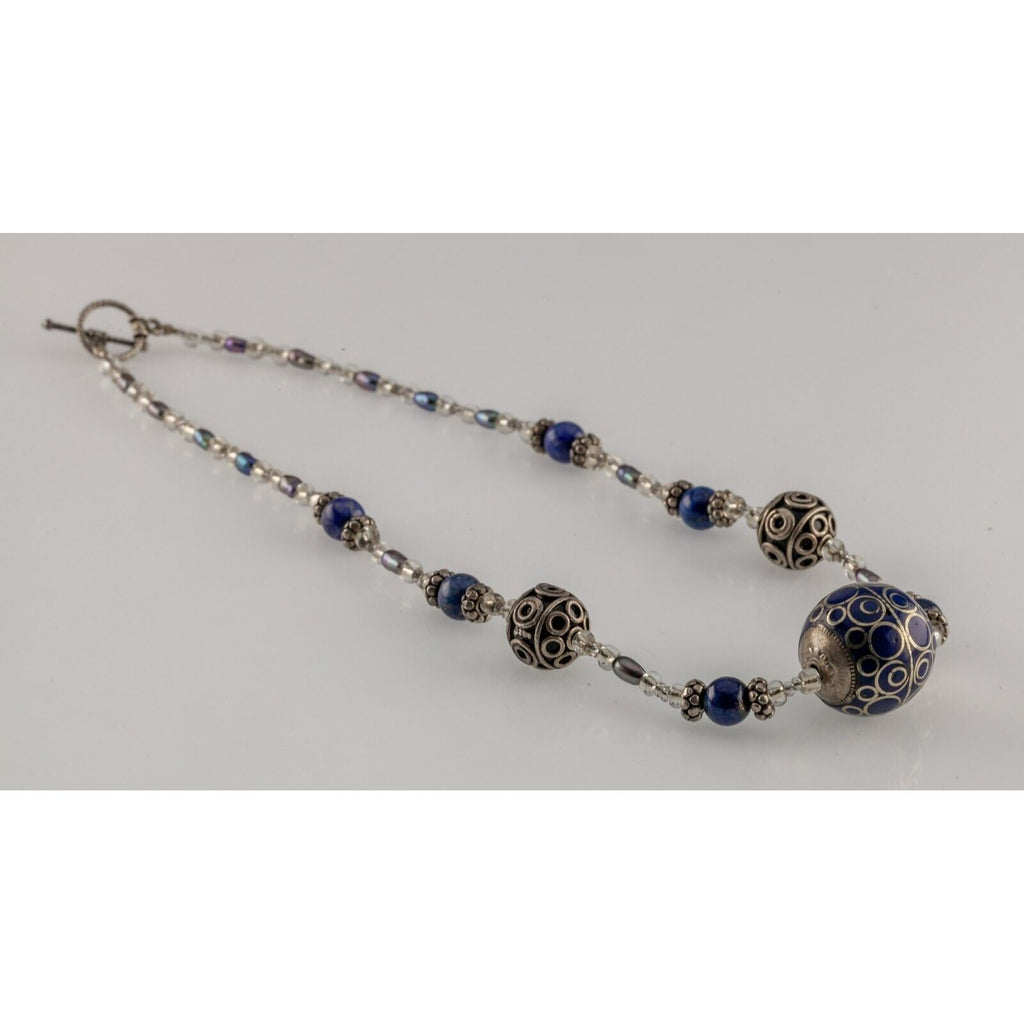 Sterling Silver Strand Lapis Lazuli, Glass Bead, and Accent Bead Necklace 18"