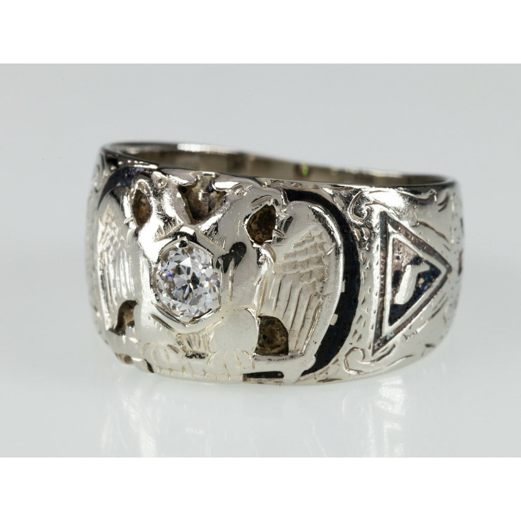 14k White Gold 32nd Degree Mason Eagle Diamond Ring with Enamel Size 11.5