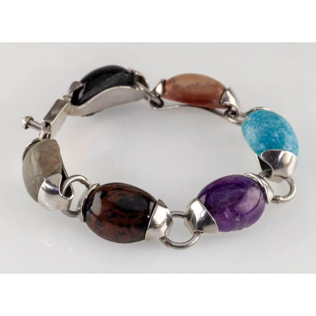 Gorgeous Mexican Taxco Silver With Mix Stones Bracelet 16mm