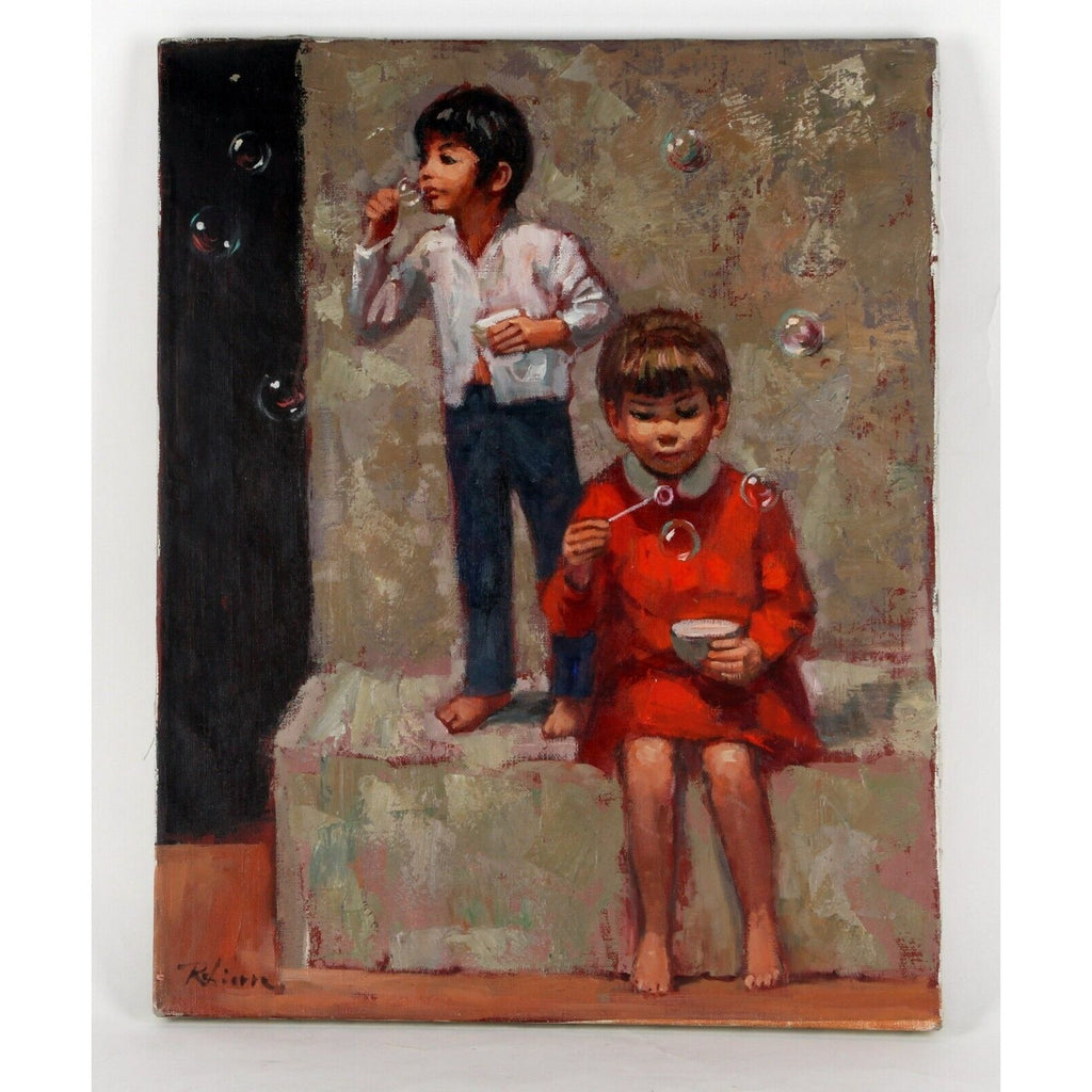 KIDS BLOWING BUBBLES UNTITLED BY ROBIERRE UNFRAMED OIL ON CANVAS 20" x 16"