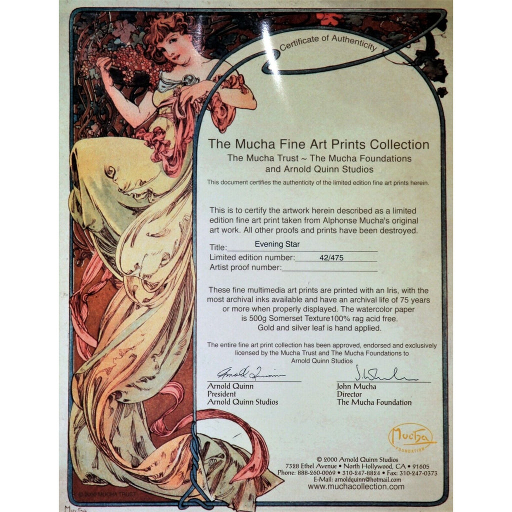 The Evening Star (1902) Giclée on Paper Alphonse Mucha Signed LE 42/475 Framed