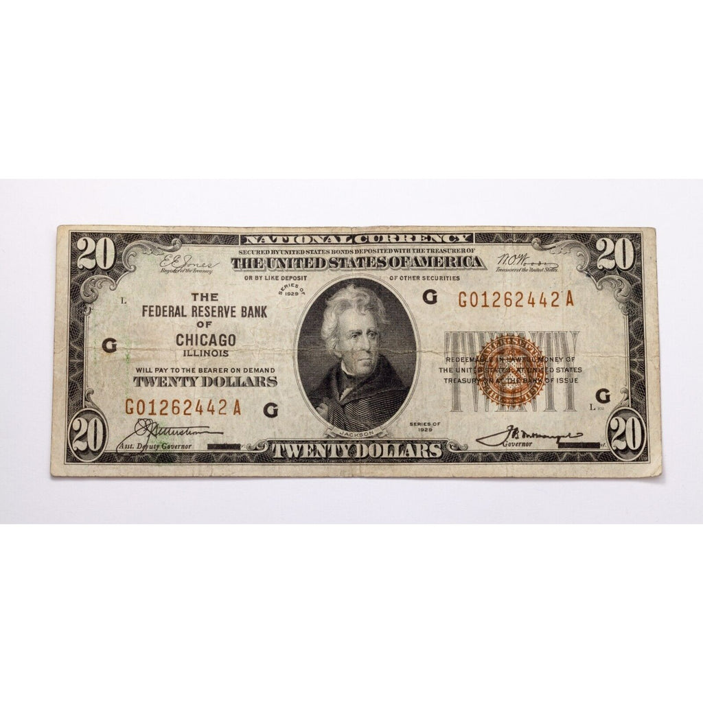 1929 $20 National Currency Chicago Note Fine Condition FR #1870-G