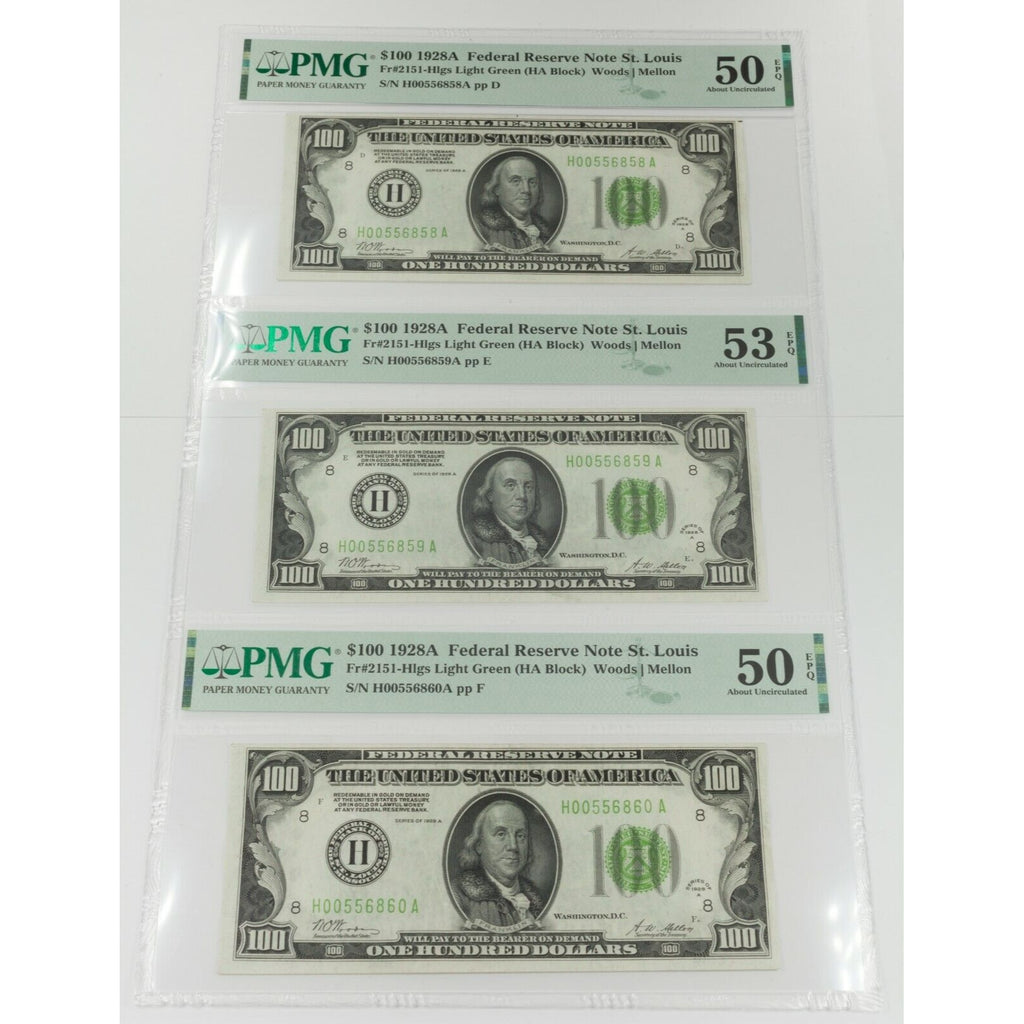 Lot of 3 1928A $100 Federal Reserve Notes Consecutive PMG 50, 53, 50 EPQ