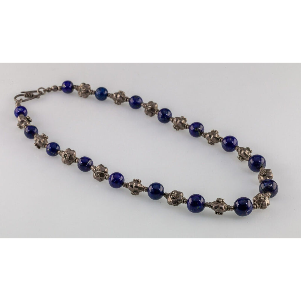 Ornate Sterling Silver Bead and Lapis Lazuli Bead Necklace 17.5"