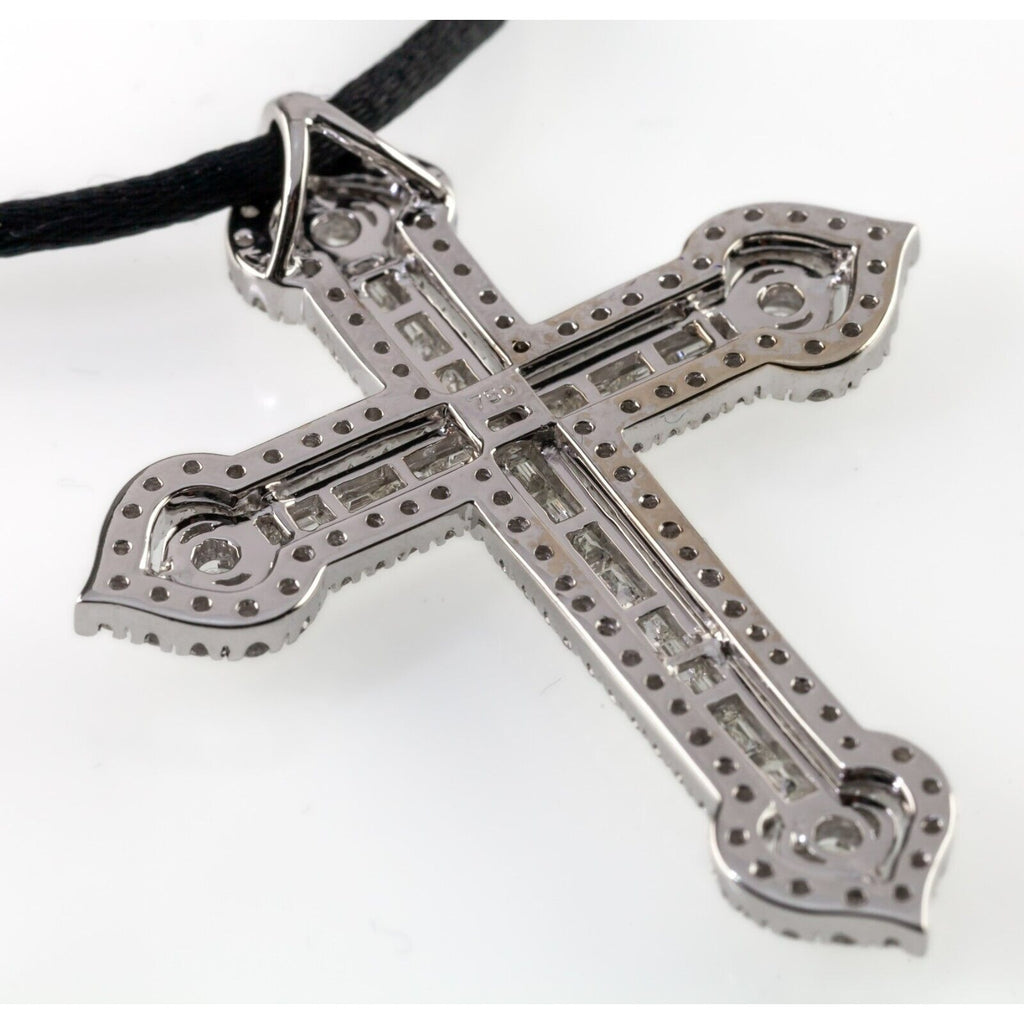 18k White Gold 3 Carat Diamond Cross Pendant on Black Silk Cord