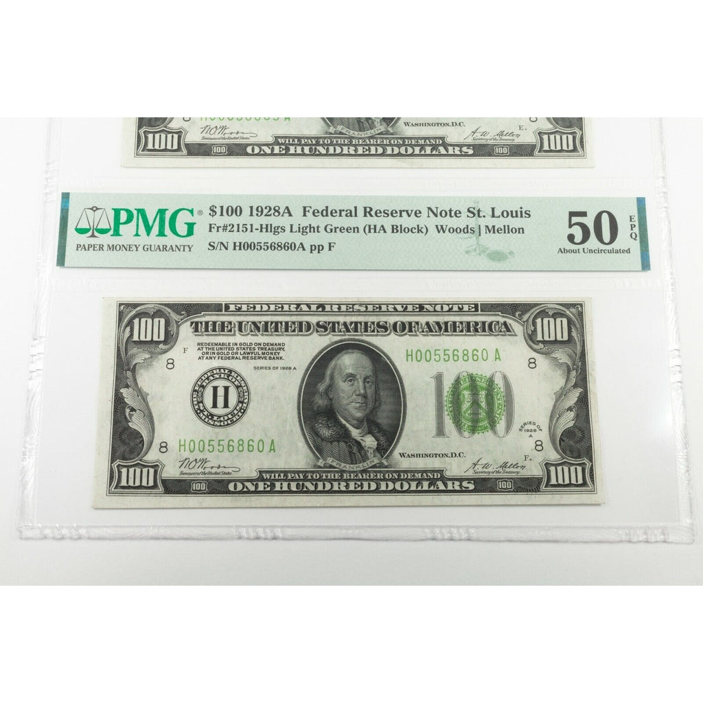 Lot of 3 1928A $100 Federal Reserve Notes Consecutive PMG 50, 53, 50 EPQ