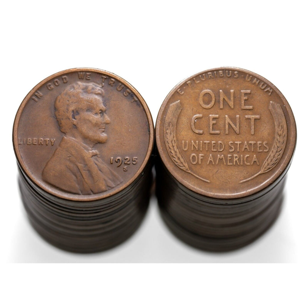 1925-S 1C Lincoln Penny Roll 50 Pieces Fine to VF+ Condition, No Major Problems
