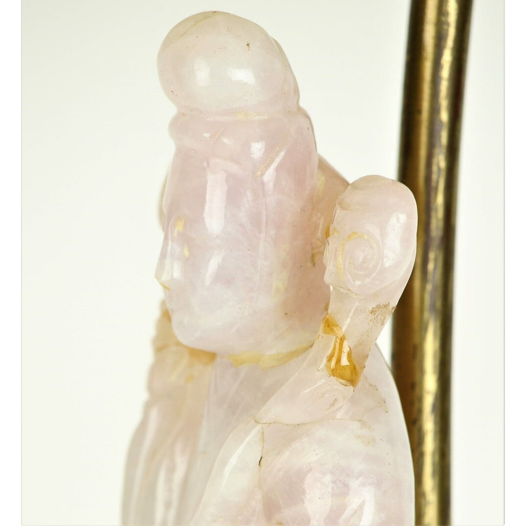 Guanyin Table Lamp 20th Century Chinese Carved Rose Quartz and Green Fluorite