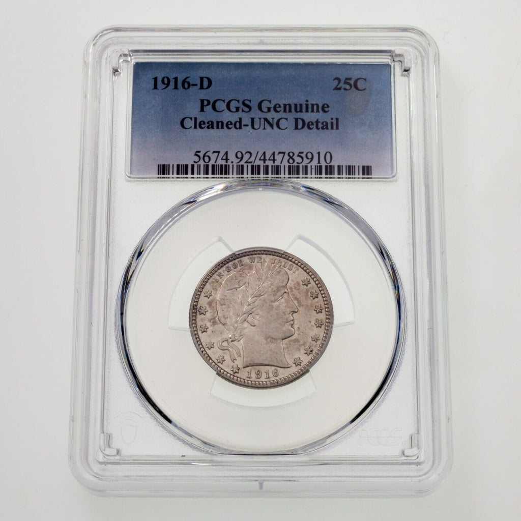 1916-D 25C Barber Quarter Slabbed by PCGS as Genuine Cleaned - UNC Detail. Nice!