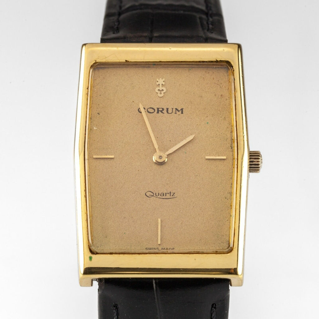 Corum 18k Yellow Gold Vintage Watch Quartz Movement & Black Leather Strap 44107