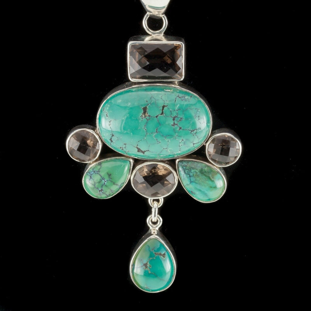 Amazing Turquoise & Smoky Topaz Sterling Silver Pendant 90 mm Long