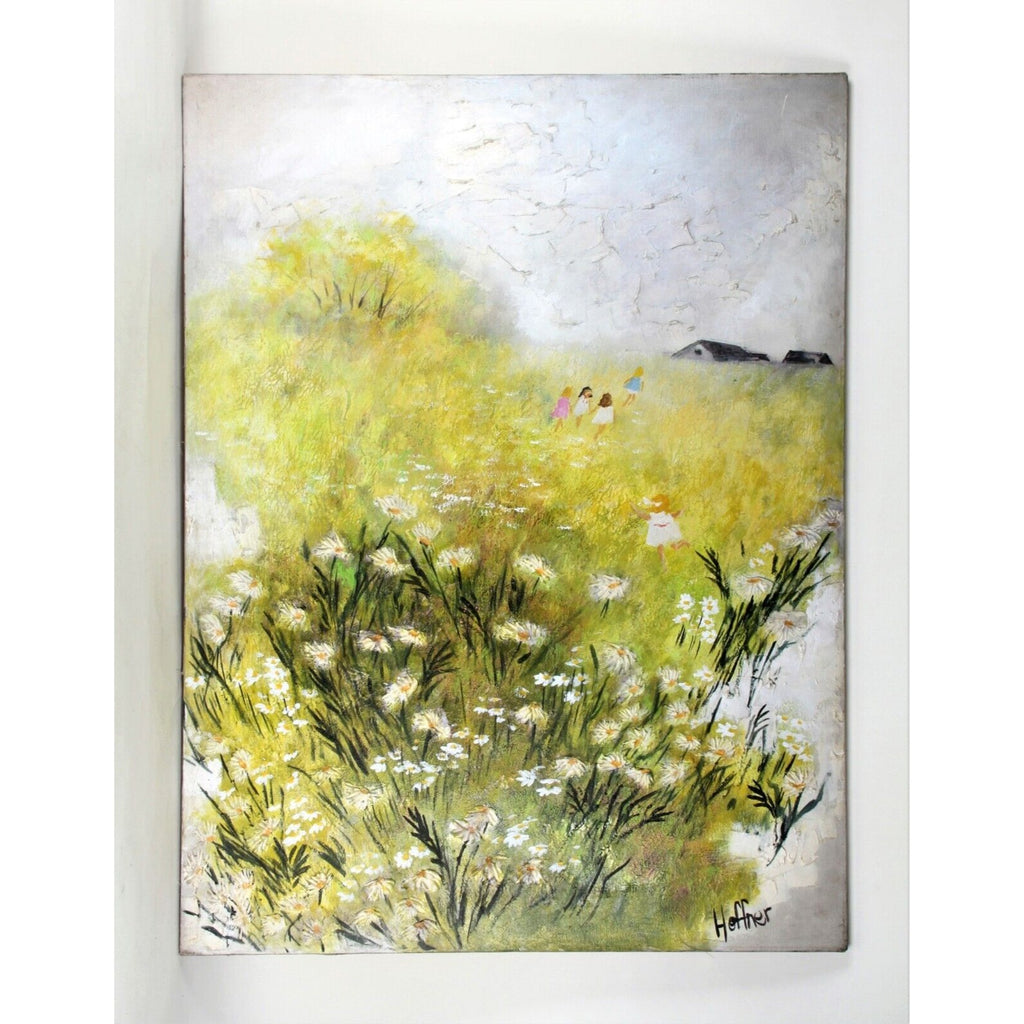 Lynne Heffner: Untitled - Girls Playing in Fields of Flowers Oil Painting Signed