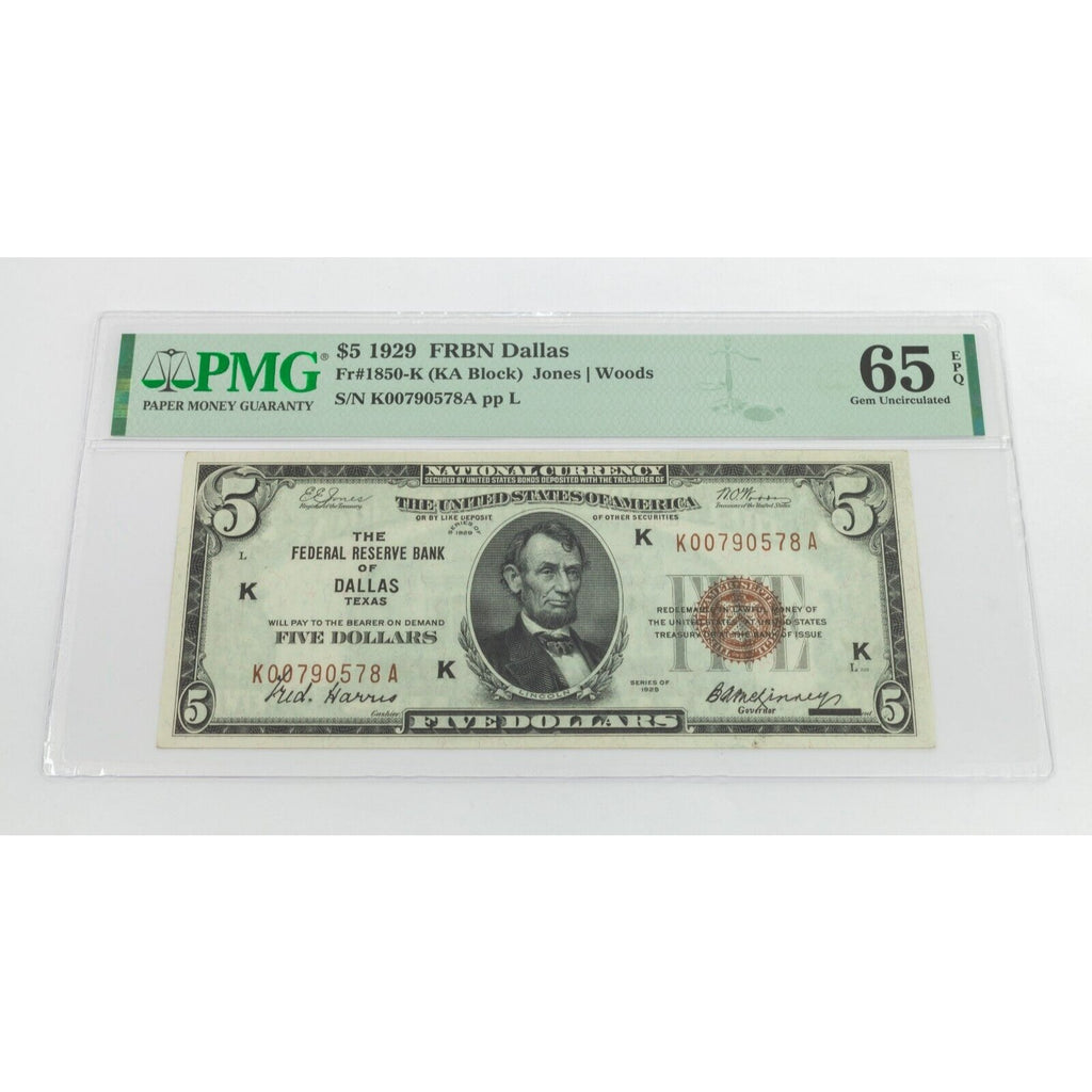 1929 $5 National Dallas Fr #1850-K (KA Block) Graded by PMG Gem Unc 65 EPQ