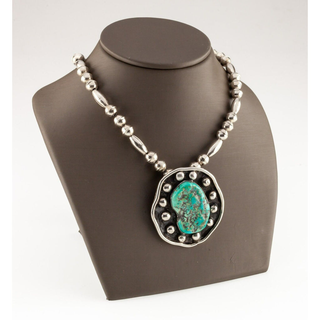 Sterling Silver Tumbled Turquoise Handmade Pendant w/ Silver Bead Chain