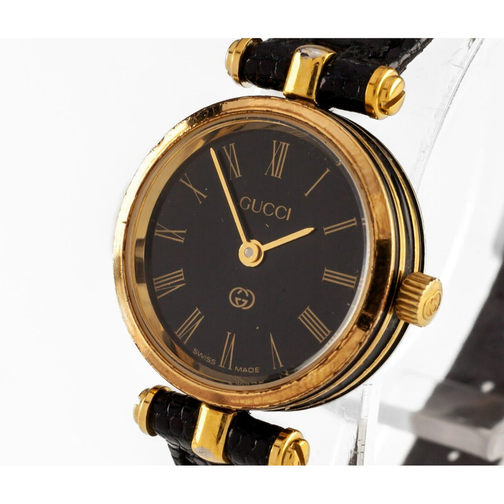 Gucci Women's Gold-Plated Quartz Watch w/ Black Leather Band 762