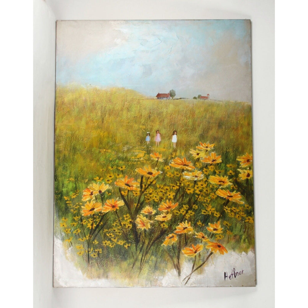 Lynne Heffner: Untitled - Children in Fields of Flowers Oil Painting Signed 1966