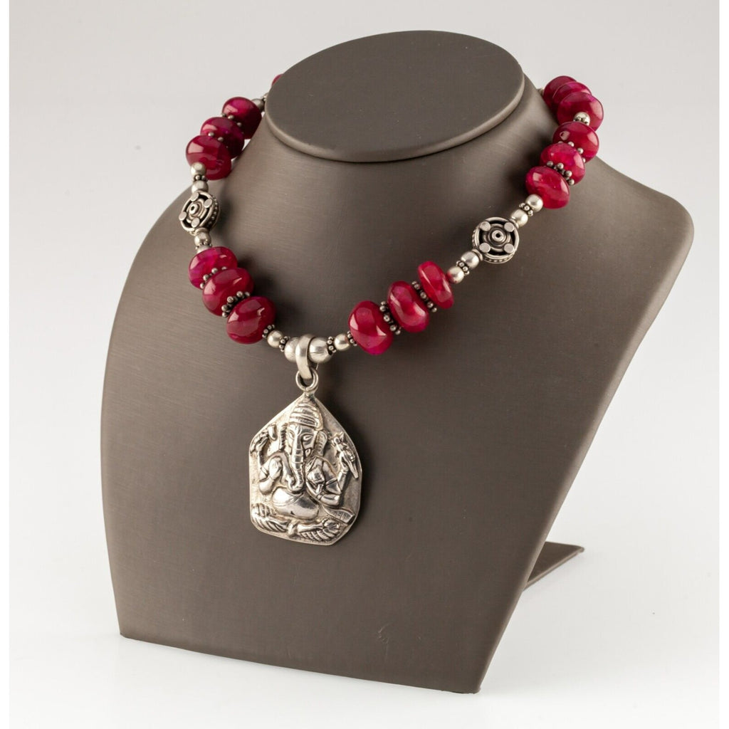 Unique Sterling Silver Tumbled Tourmaline Ganesha Repousse Pendant Necklace