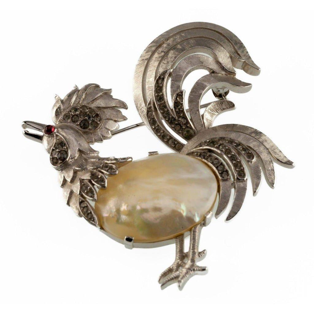 Trifari Vtg Costume Jewelry Set Silvertone Pearl Belly Rooster Brooch Earrings