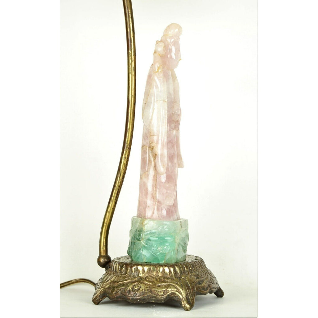 Guanyin Table Lamp 20th Century Chinese Carved Rose Quartz and Green Fluorite