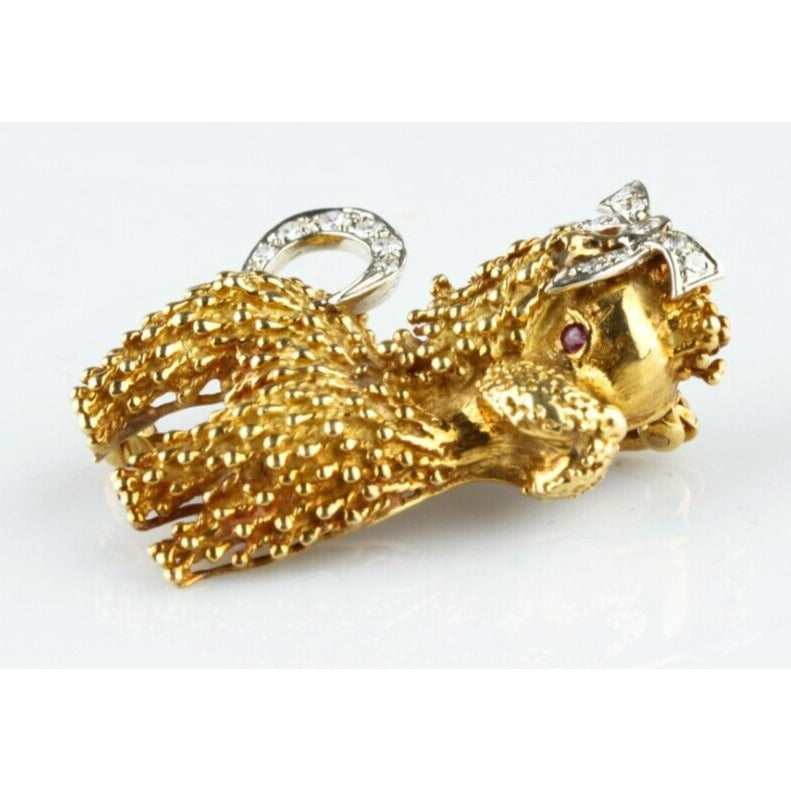 18k Yellow Gold Poodle Brooch with Diamond and Ruby Accents TCW = 0.18 w/ Cert