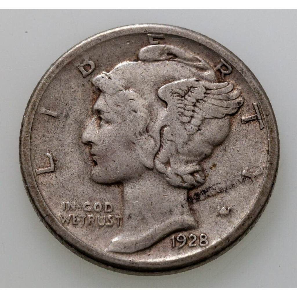 1928-D 10C Mercury Dime in Extra Fine XF Condition, Mostly White, Light Toning