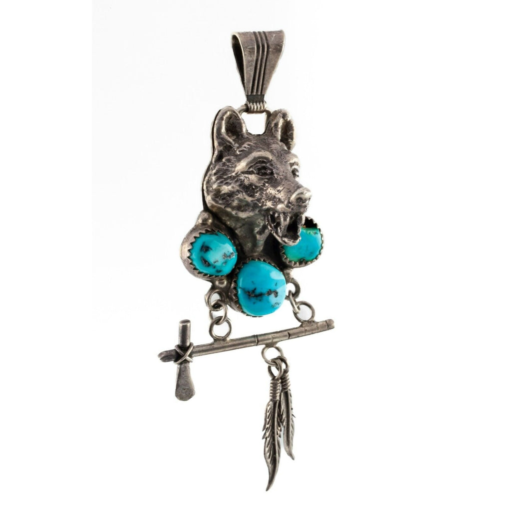 Amazing Wolf Pendant w/ Turquoise by Running Bear Set in Sterling Silver