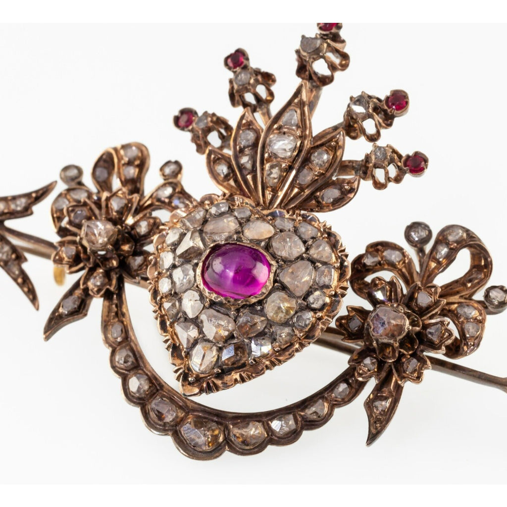10k Gold Custom Antique Heart Arrow Brooch w/ Diamonds and Rubies