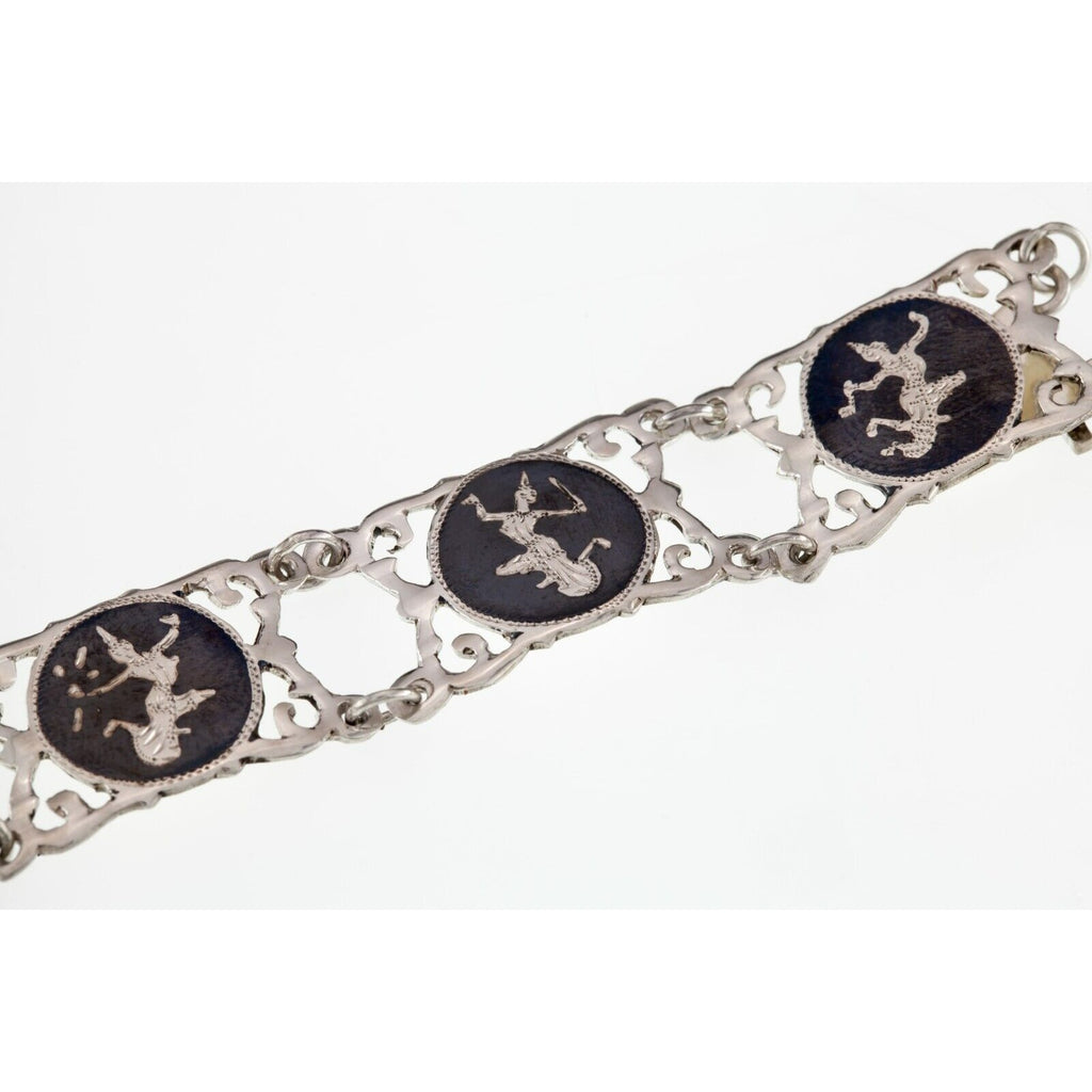 Vintage Thai Silver Siam Niello Black Enamel Panel Bracelet 7.25"