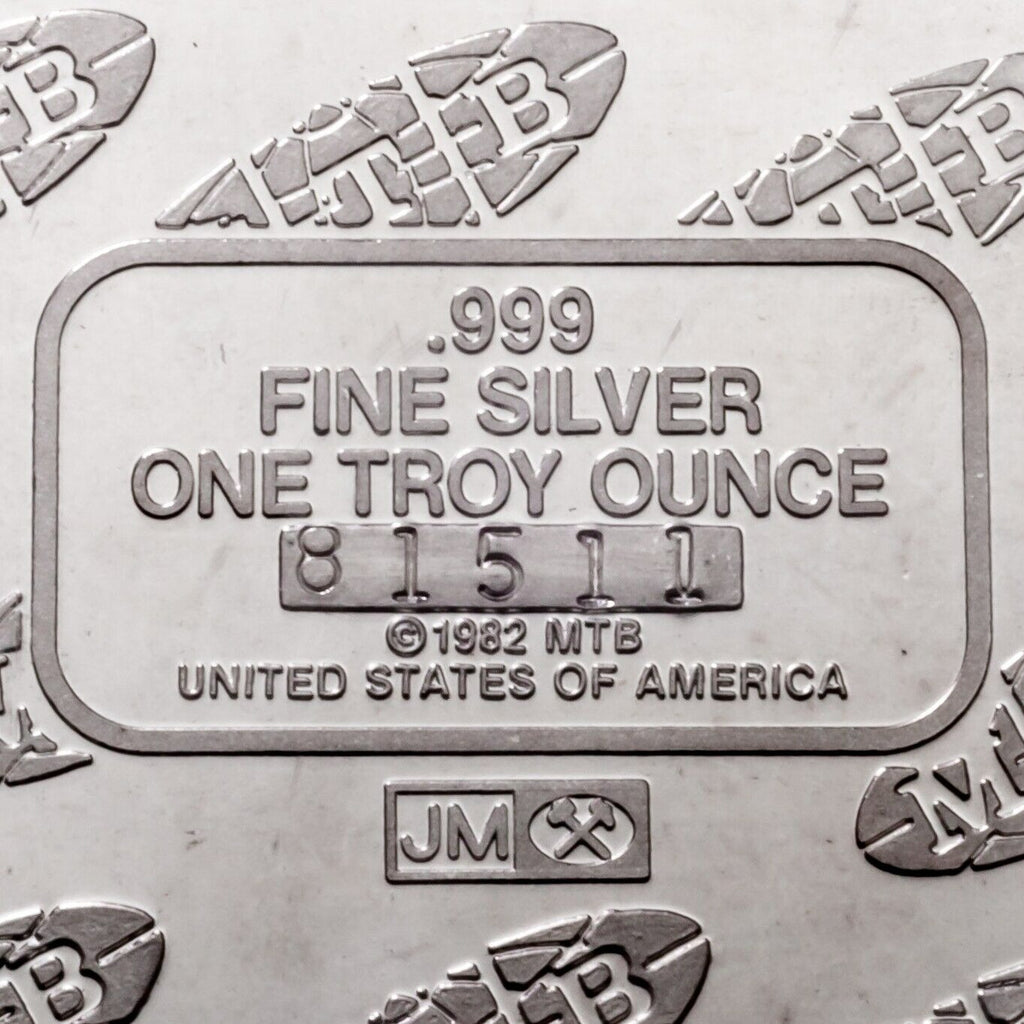 Silver 1 Oz. MTB .999 Fine Silver Bar Series B w/ Original Assay Cert 1984