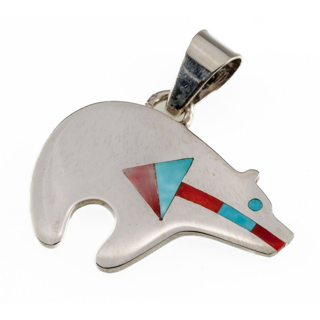 Rudell and Nancy Laconsello ZUNI Bear w/ Turquoise & Coral Inlay Pendant