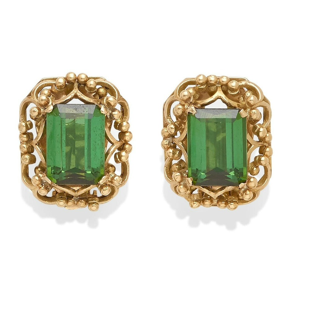 Green Tourmaline Earring Clips Mounted in 14k Yellow Gold 7/8" x 3/4" 15.2g