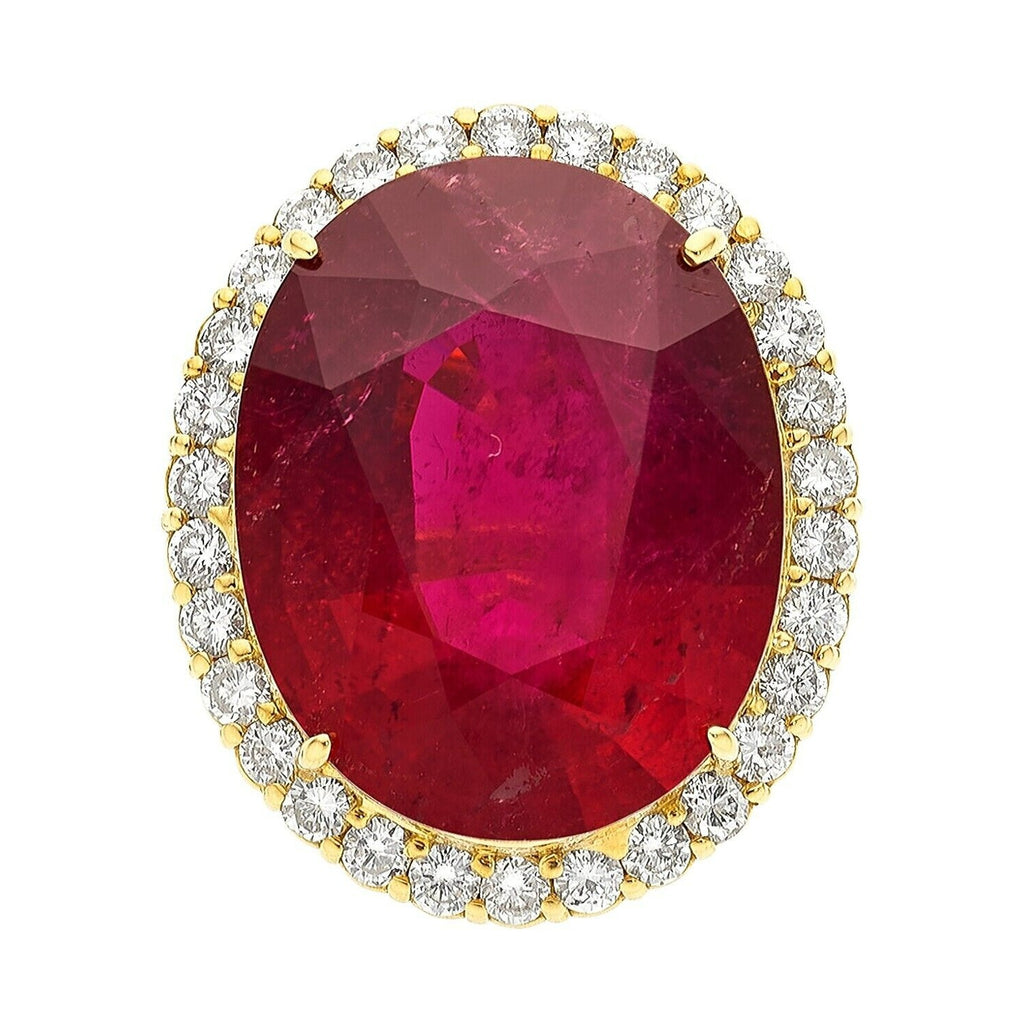 18k Gold 26.25ct Oval Rubellite Tourmaline and 1.47ct Diamond Ring Size 6.5