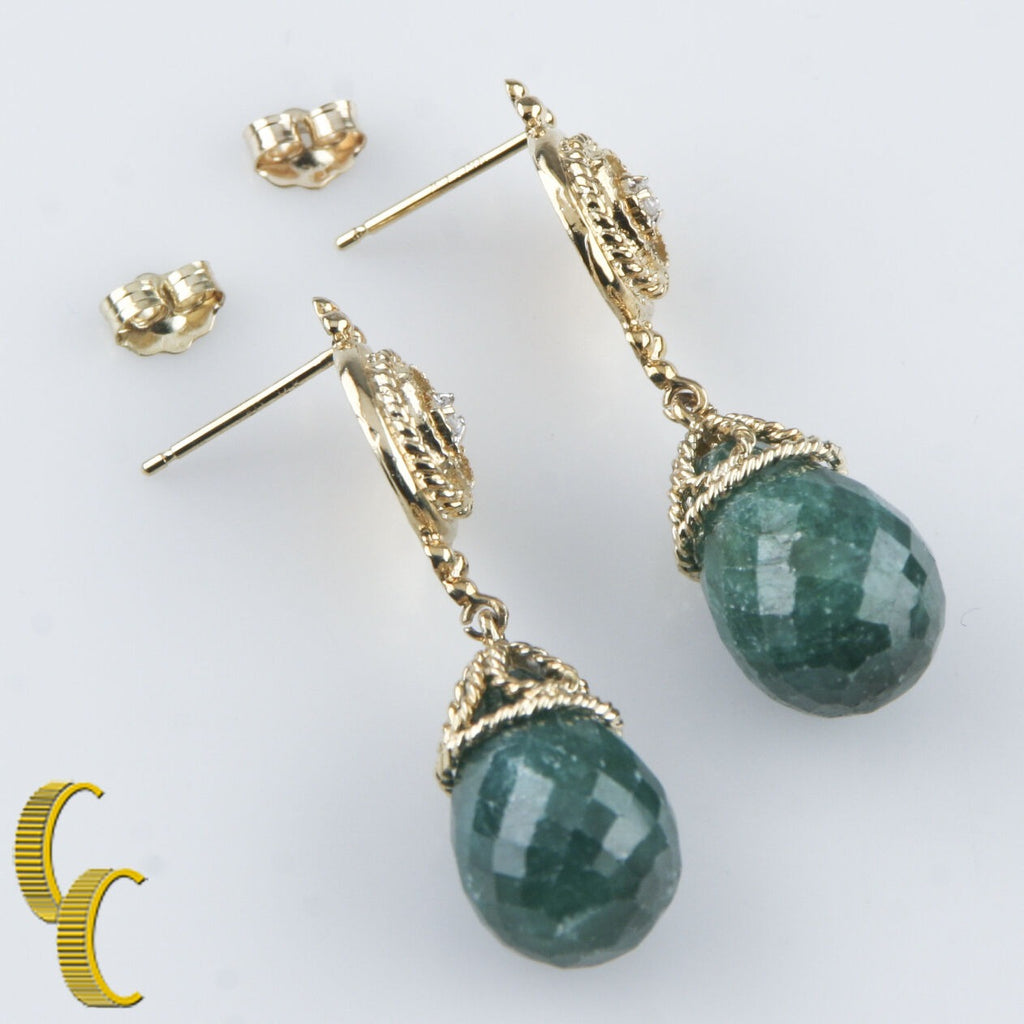 14k Yellow Gold Briolette Emerald & Diamond Earrings TDW = .04 ct TEW = 25.00 ct