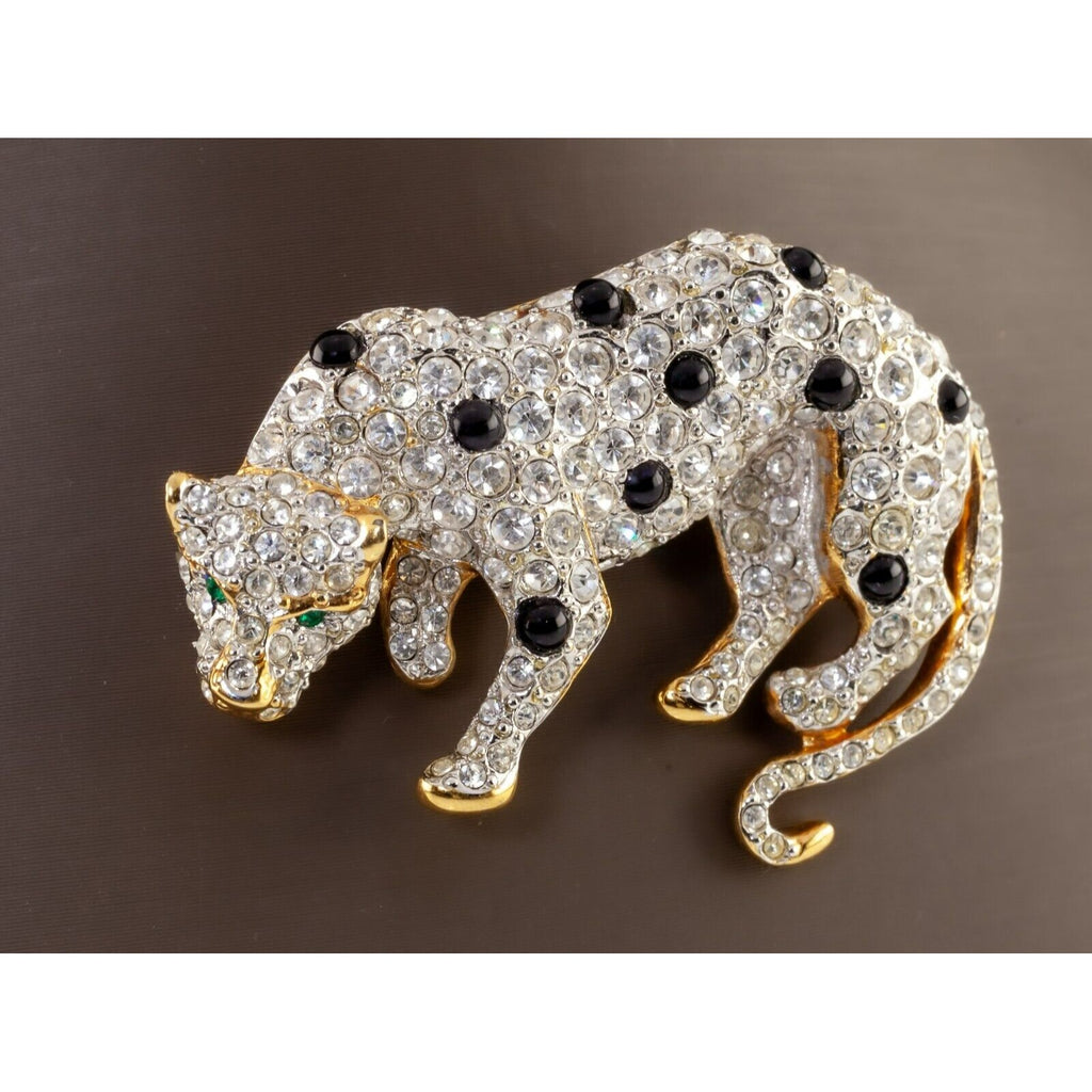 Carolee Costume Brooch Snow Leopard with Rhinestones and Faux Onyx