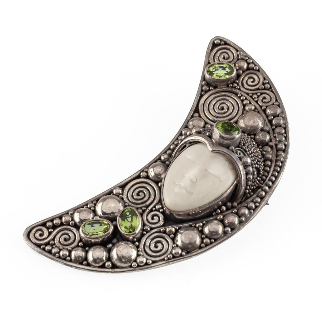 Carved Goddess Sterling Pendant w/ Yellow Green Demantoid Stones, 72mm Tall