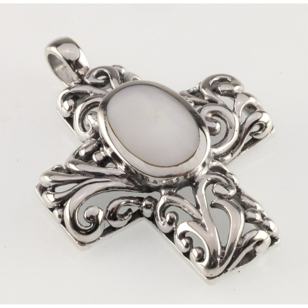 Sterling Silver Filigree Cross Pendant with Bezel Set Mother of Pearl Cabochon