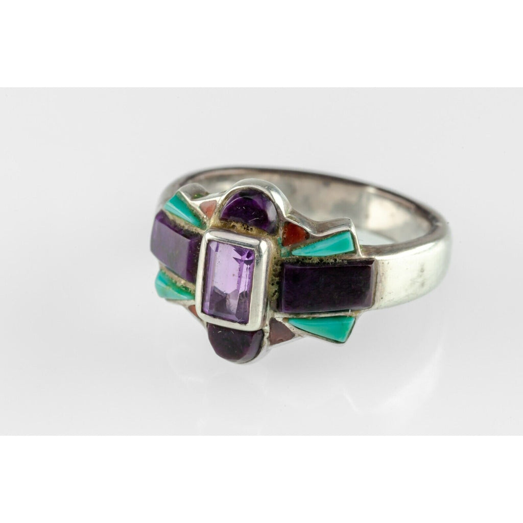 Handmade Turquoise, Purple Spiny, Coral & Amethyst Sterling Ring SZ 6.75